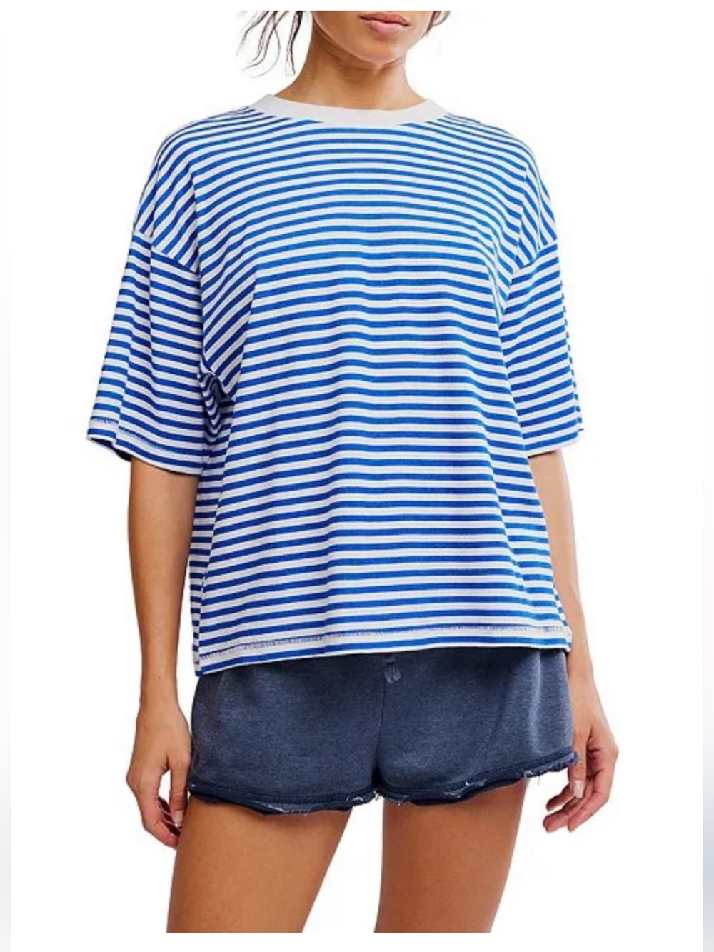 FREE PEOPLE FP Movement Tackle Printed Tee Court Stripe Blue Size XL